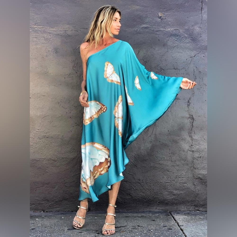 Teal Butterfly One-Shoulder Swim Coverup - Picture 5 of 9